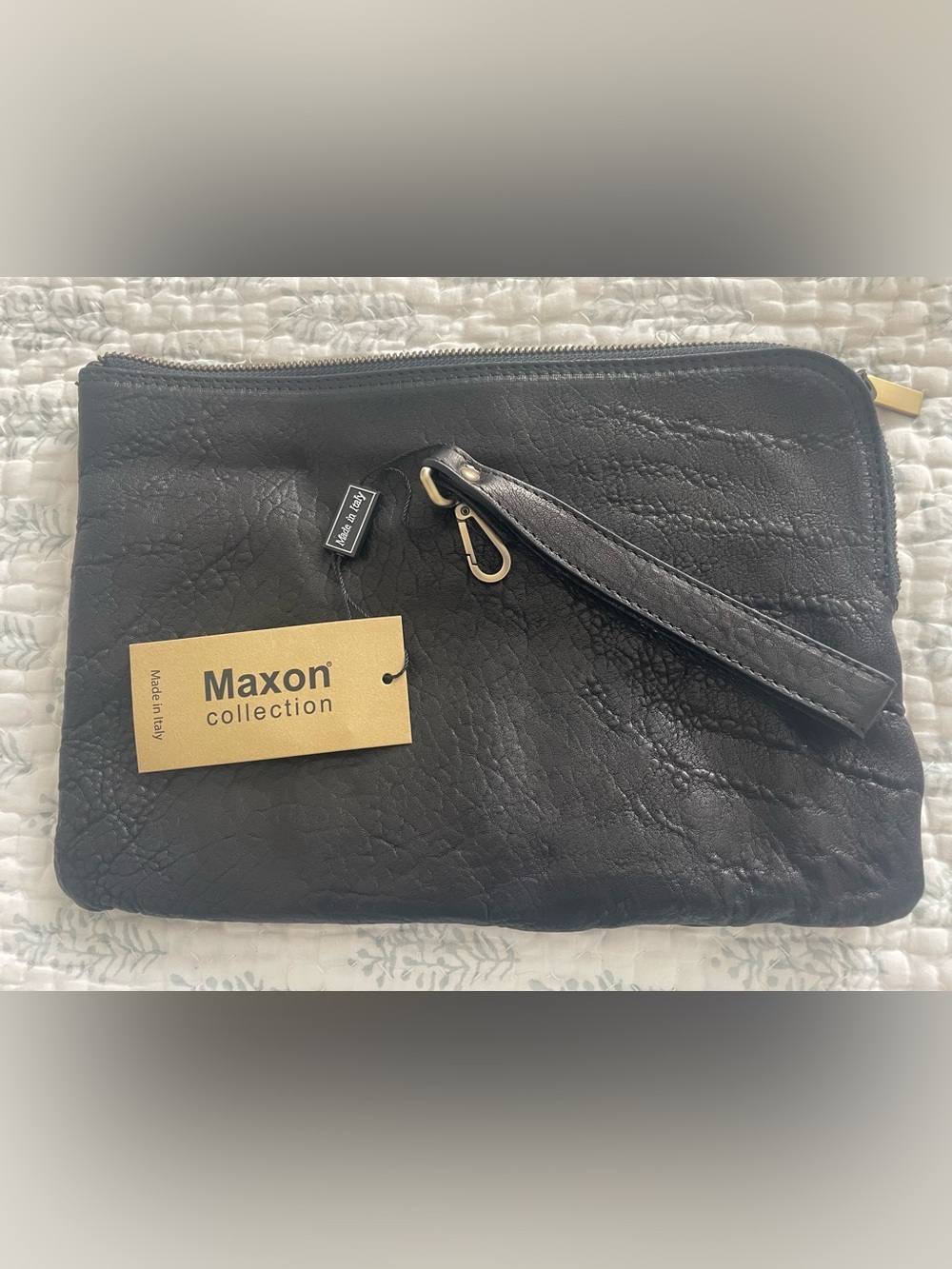 Italian Macon Italian Black Textured Leather Wristlet Clutch with Gold Hardwar